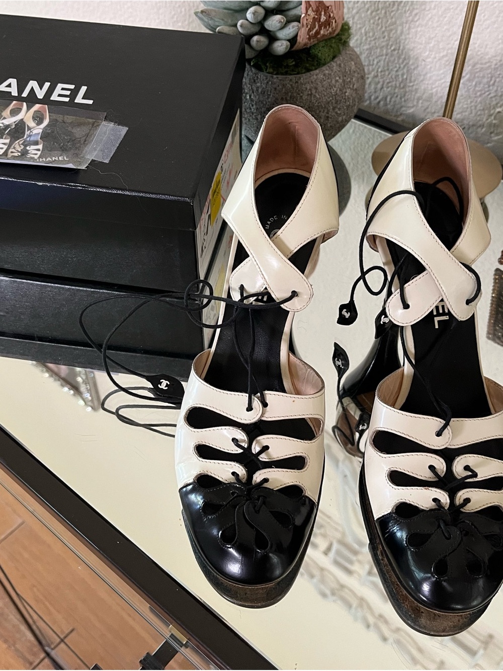 Chanel Two-Tone Cream and Black Lace-Up Platform Heels